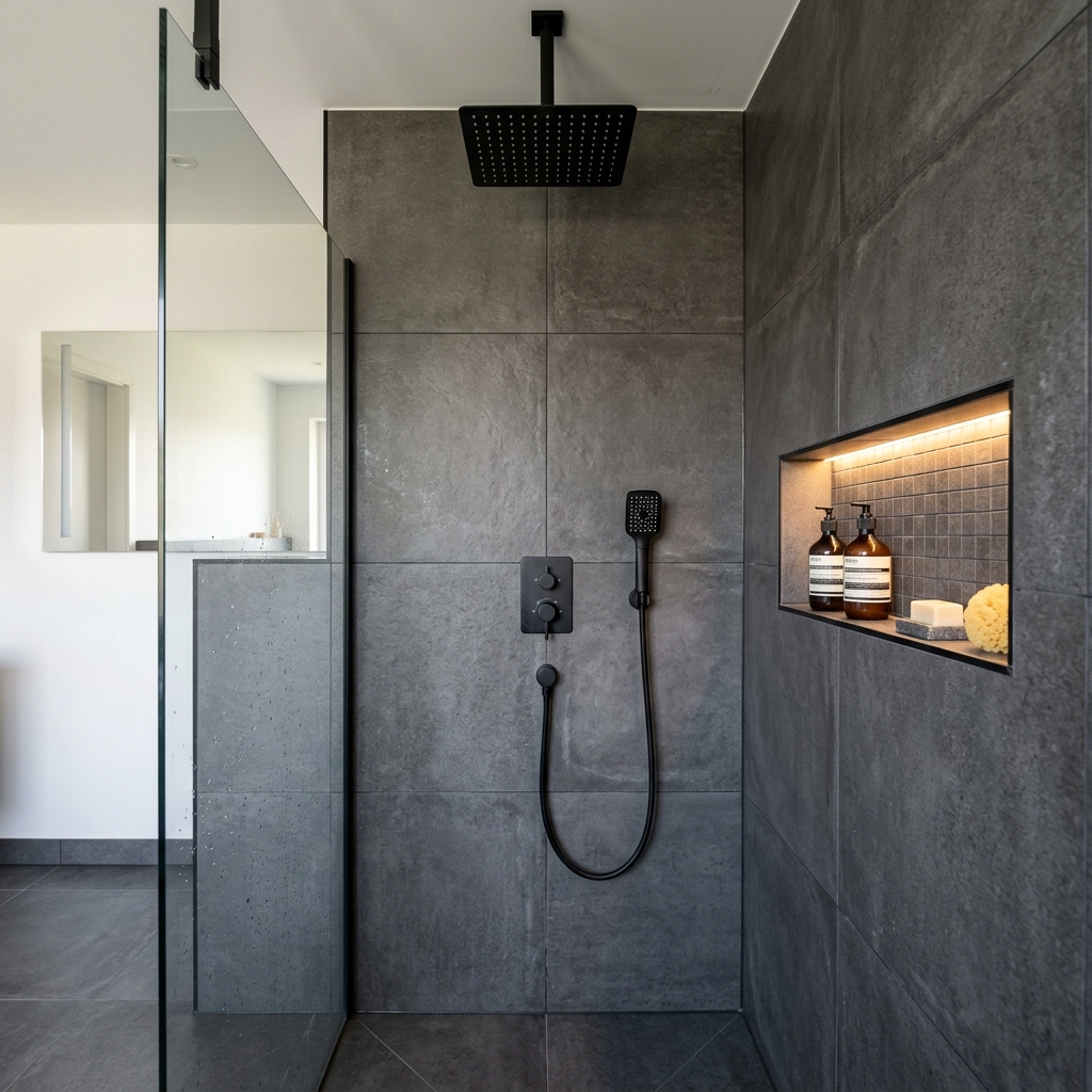 Modern walk in shower with black hardware