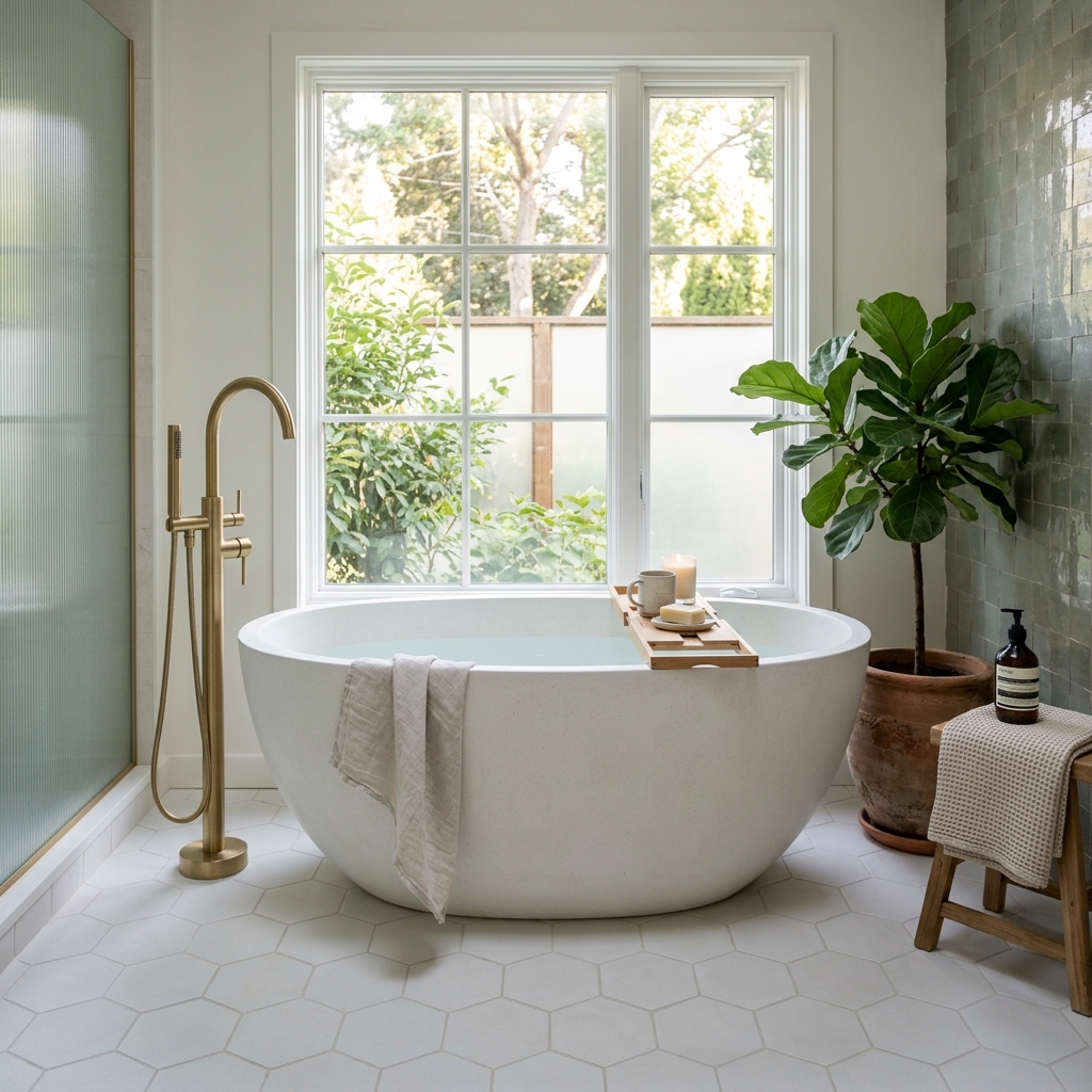 Sleek freestanding stone bathtub setup