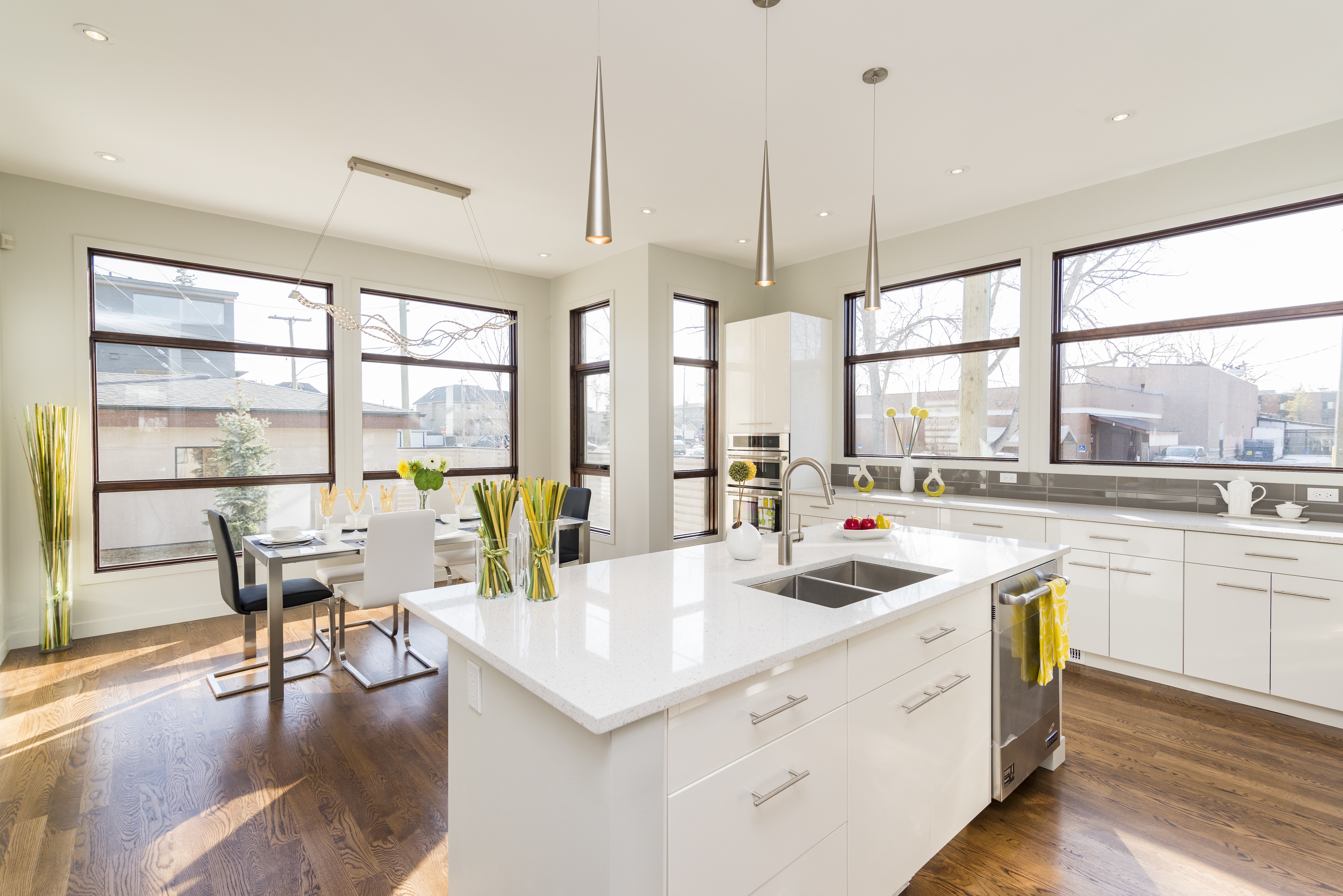 Interior shot modern house kitchen with large windows