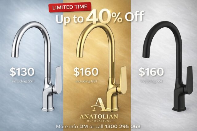 Upgrade your kitchen with our premium mixer taps – combining modern design, durability, and everyday performance. Available in Chrome, Brushed Gold, Brushed Nickel and Matte Black to suit any kitchen and laundry style.

💰 Special Prices (Limited Time):
• Chrome Tap – $130
• Gold Tap – $160
• Black Tap – $160
✔️ All prices include GST

✨ High-quality finish
✨ Smooth single-lever control
✨ Durable & easy to clean
✨ Perfect for kitchen renovations or upgrades

🚚 Delivery available Australia-wide

⏳ Limited Time Sale – While Stock Lasts!

📩 More info? DM us now
📞 Call 1300 295 068

Anatolian Renovations