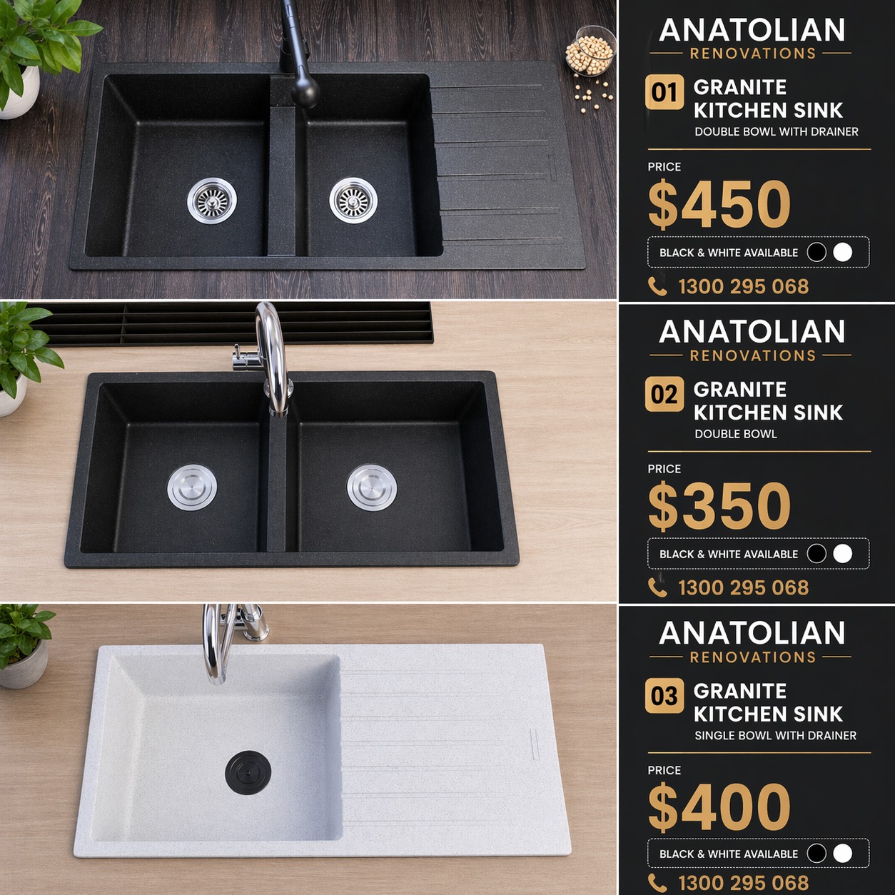 Upgrade your kitchen with premium granite sinks from Anatolian Renovations.

✔️ Modern & stylish design
✔️ Strong, durable granite material
✔️ Easy to clean & long-lasting
✔️ Available in Black & White

💰 Prices:
$450 – Double bowl with drainer
$350 – Double bowl
$400 – Single bowl with drainer

📞 Call now: 1300 295 068
📩 DM us for more info

Limited stock available – don’t miss out!#kitchensink #granitesink #kitchenrenovation #bathroomrenovation #homeimprovement
#kitchendesign #modernkitchen #renovationaustralia #sydneyrenovation #australiabusiness
#interiordesign #homerenovation #kitchenupgrade #tradielife #buildersaustralia
#renovationproject #kitcheninspo #homeupgrade #sinkdesign #qualityproducts
#smallbusinessaustralia #australianhomes #kitchenstyle #propertyimprovement
#saleaustralia #homeideas #renovationlife #affordableluxury #dreamkitchen #dmnow