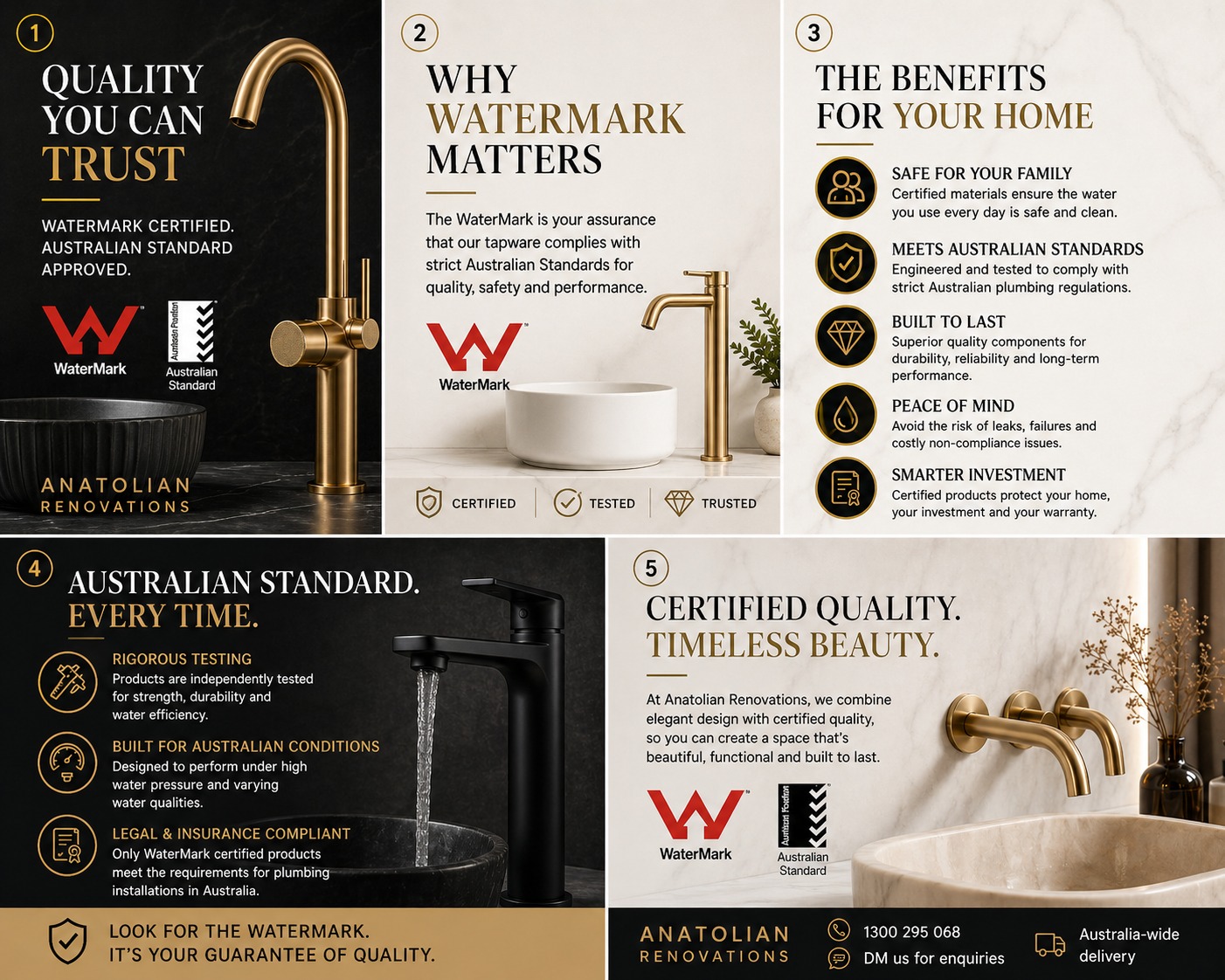 ⭐ Premium / Luxury Caption

“Built to last. Designed for excellence.
Our WaterMark-certified products meet the highest Australian standards for quality, safety, and performance.
Because your home deserves nothing less.

📩 DM us now for more info or shop online today.”

#WaterMarkCertified #AustralianStandards #QualityProducts #HomeRenovation #KitchenDesign #BathroomDesign #LuxuryHomes #ModernLiving #RenovationAustralia #BuildWithConfidence #HomeImprovement #AnatolianRenovations